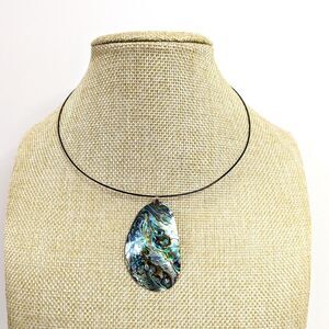 New Zealand Paua Shell Abalone Pendant  Minimalist Black Wire Choker Necklace